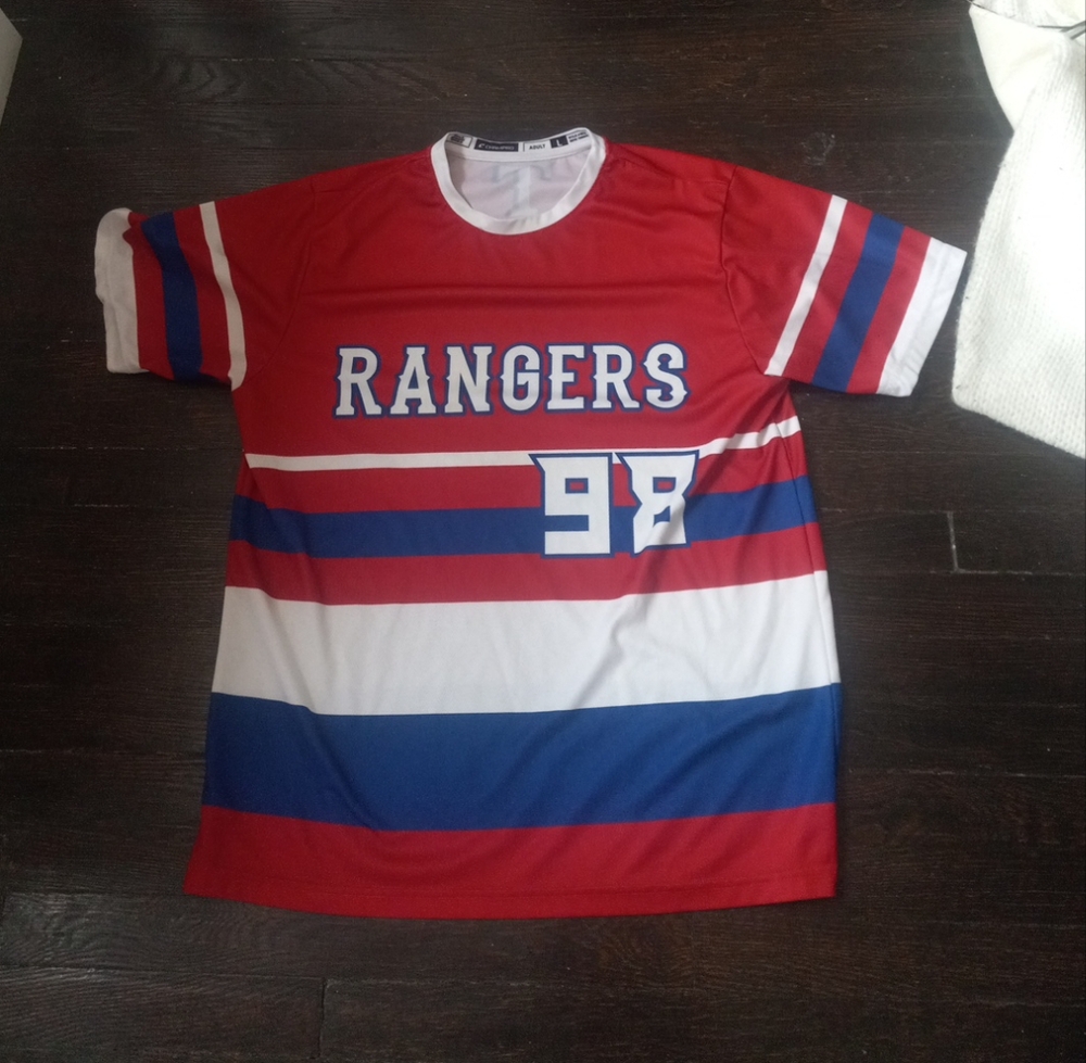 Champro Mens Size Large  Hockey Jersey Red White Blue Color Rangers Number 98...